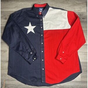 Vintage Mens XL Texas Cotton Extra Long Tail USA Flag Western Button Up Shirt